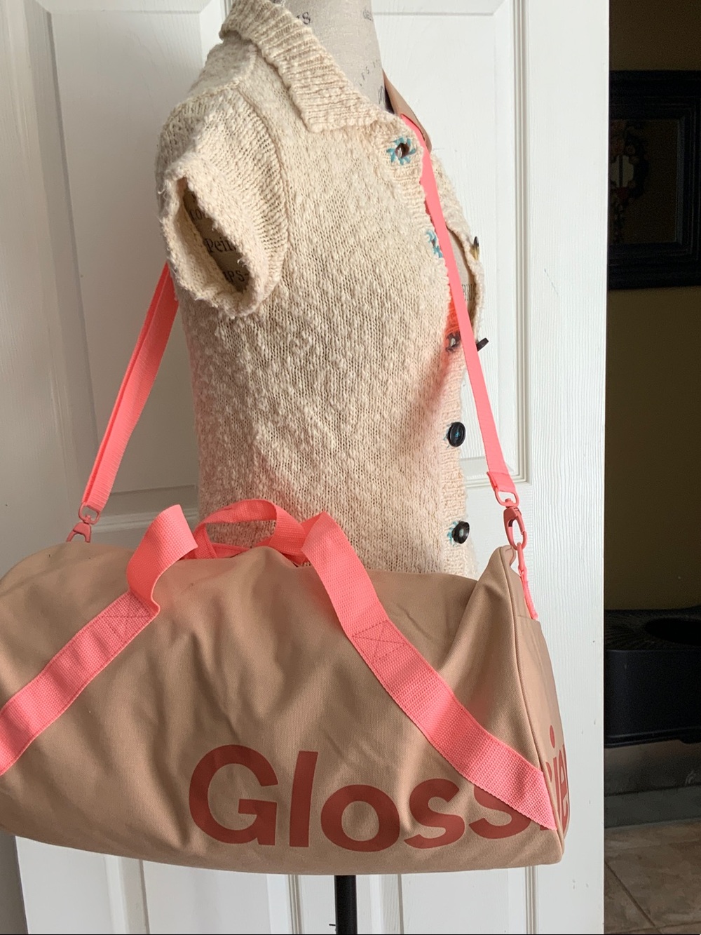 Glossier Tan Canvas Duffel with Coral Pink Straps